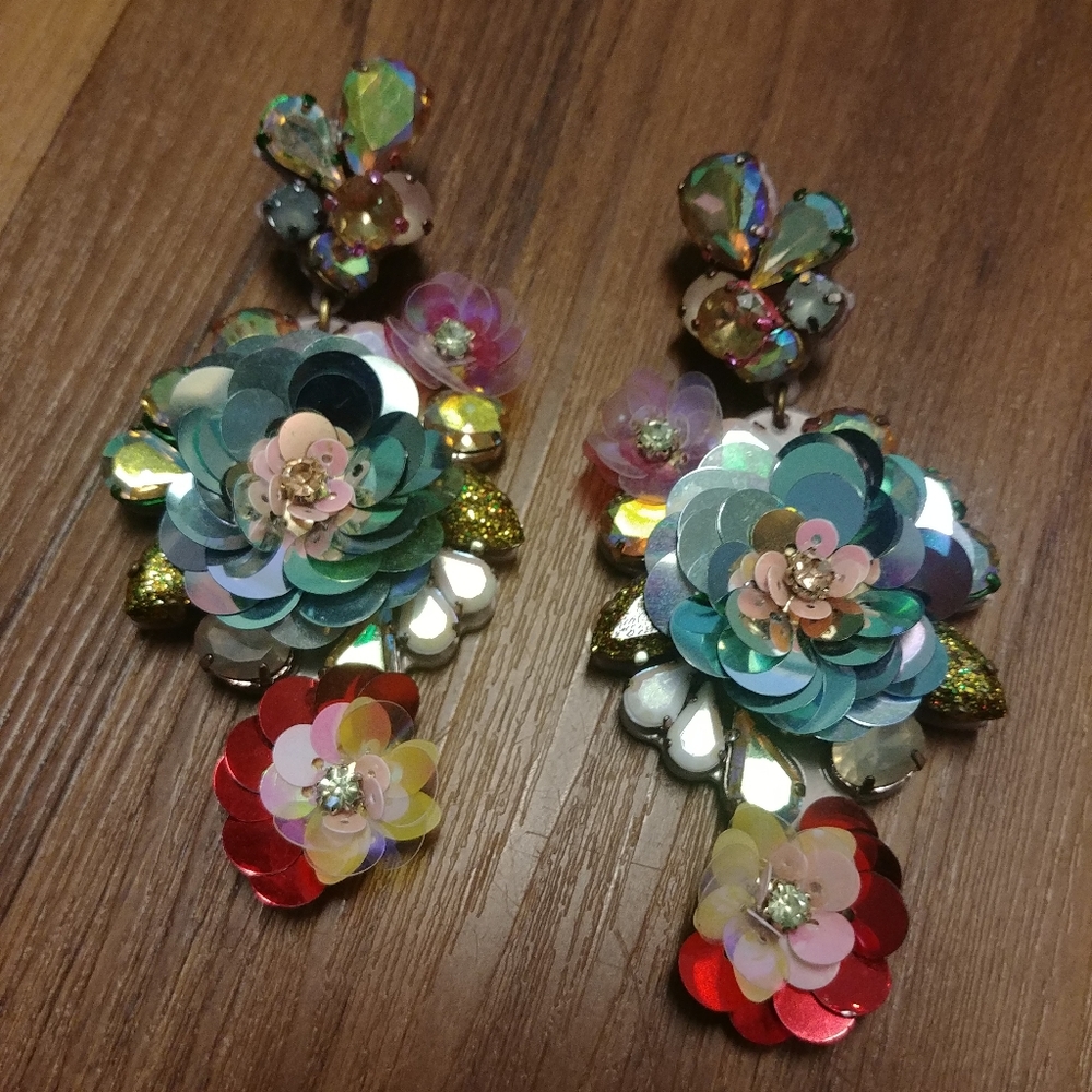 J.Crew Blooming Sequin Floral Flower Earrings Iridescent Vintage Sequined J Crew